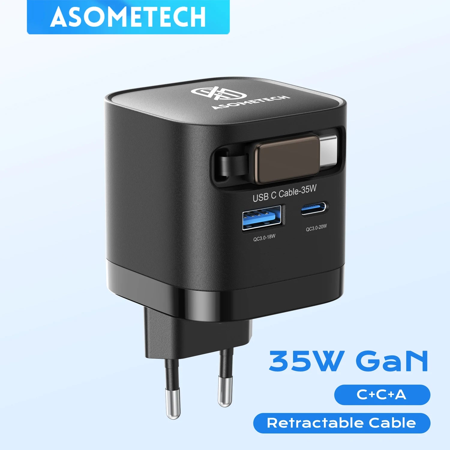 Carregador Asometech 35W com Cabo Retrátil USB-C e Carregamento Rápido