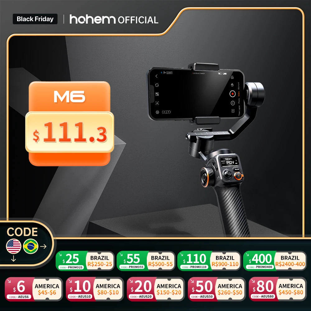 Gimbal Hohem iSteady M6 para celular Kit com Rastreamento por IA e Luz RGB