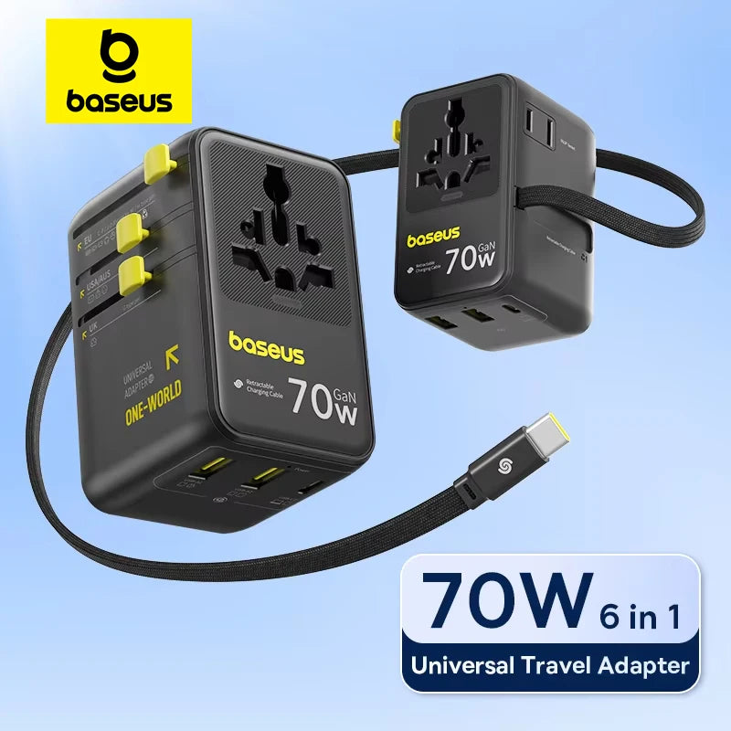 Carregador de Viagem Baseus GaN 70W com Cabo Retrátil, 70w, Tomada global, 3 entradas USB