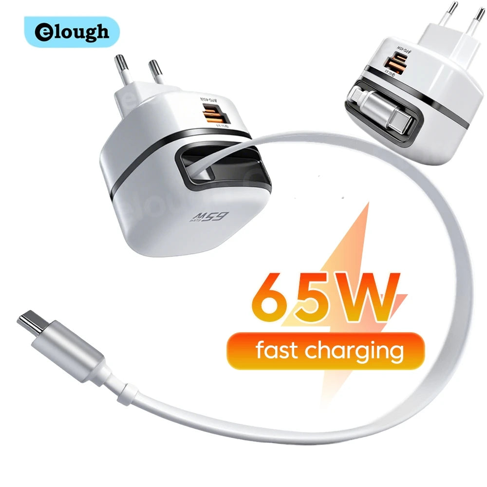 Carregador Elough 65w com cabo retrátil, USB-C e USB-A