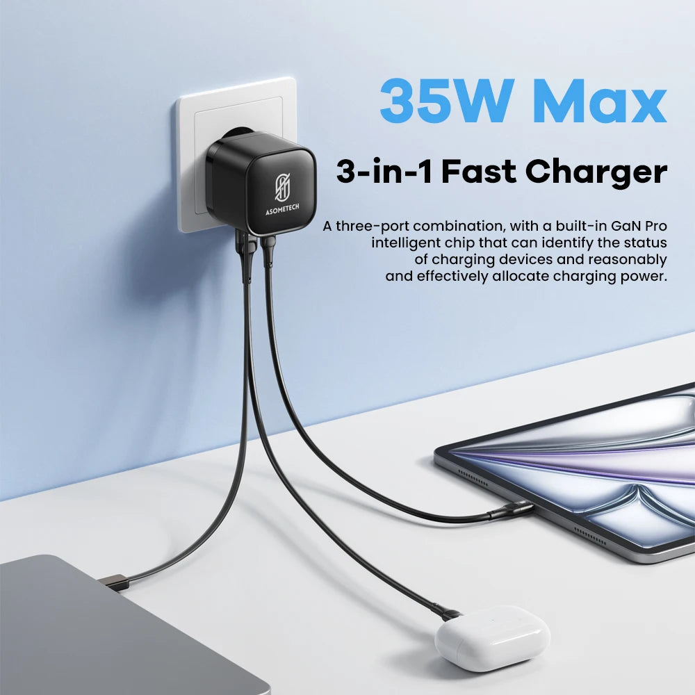 Carregador Asometech 35W com Cabo Retrátil USB-C e Carregamento Rápido