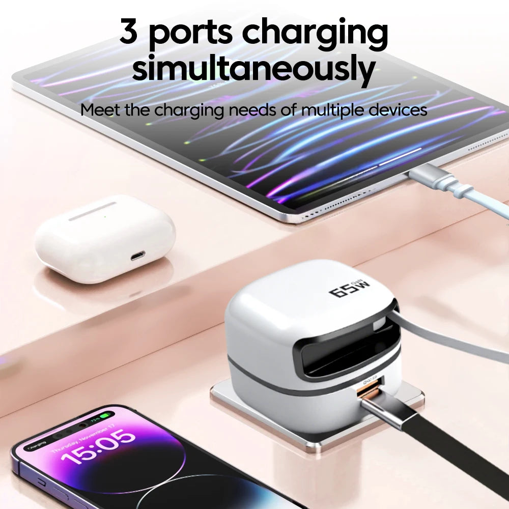 Carregador Elough 65w com cabo retrátil, USB-C e USB-A