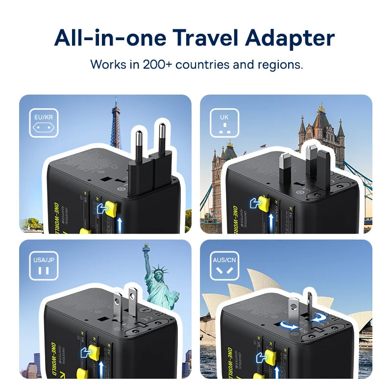 Carregador de Viagem Baseus GaN 70W com Cabo Retrátil, 70w, Tomada global, 3 entradas USB