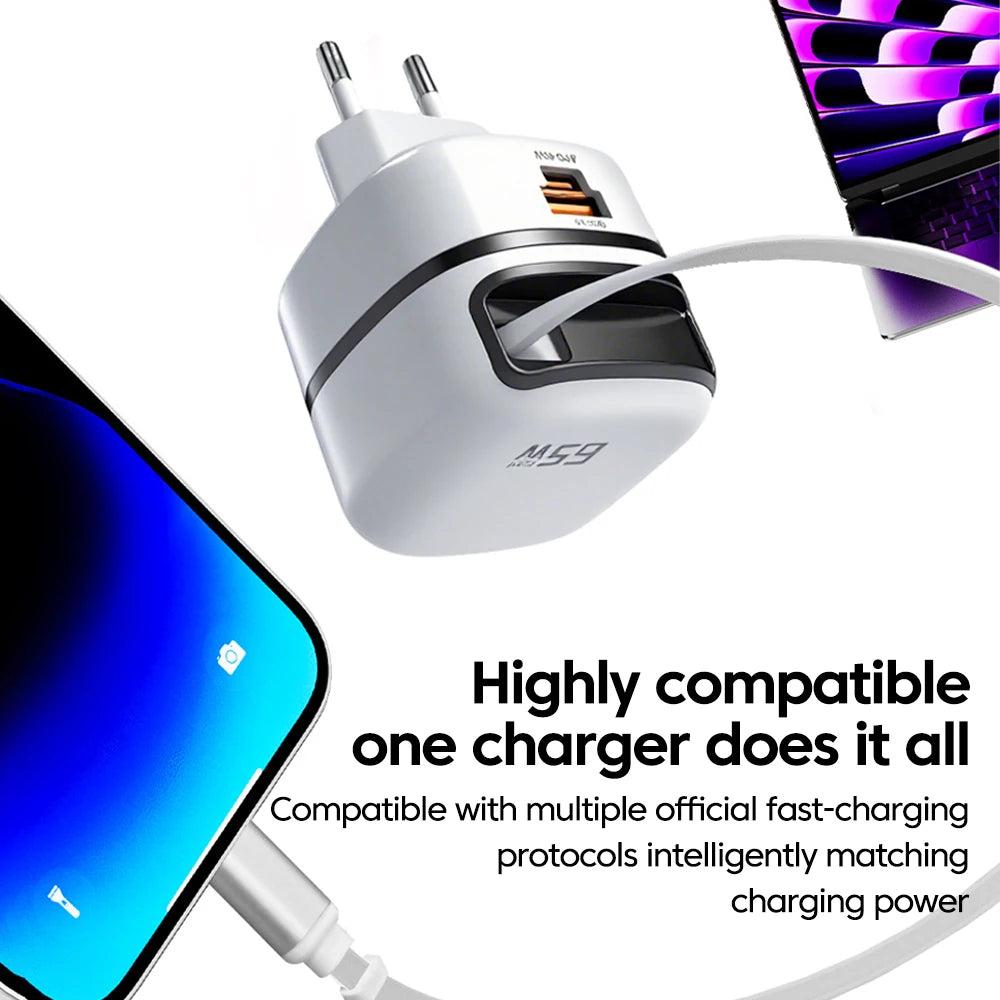 Carregador Elough 65w com cabo retrátil, USB-C e USB-A