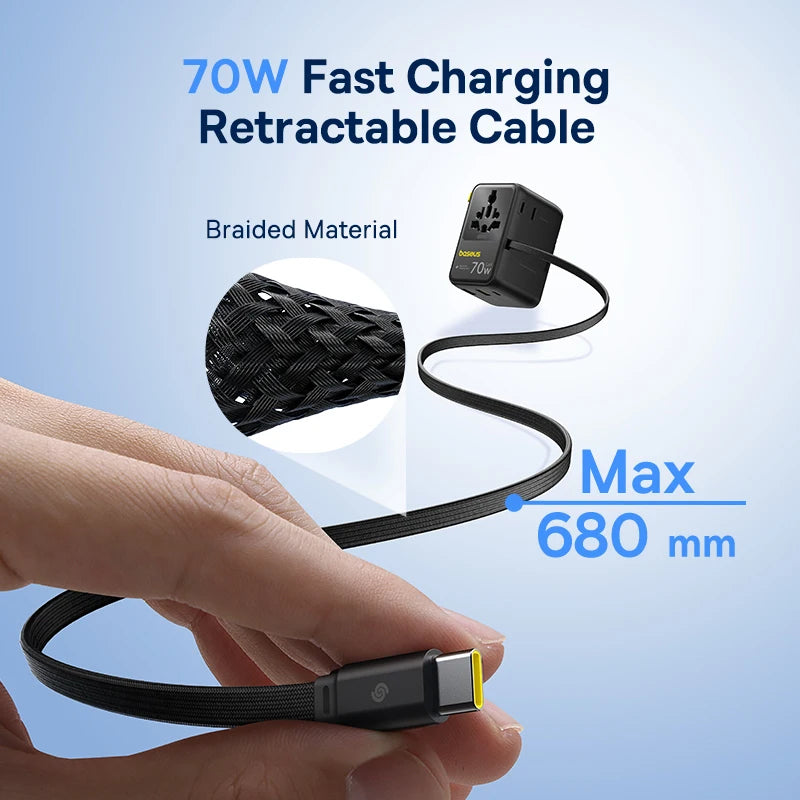 Carregador de Viagem Baseus GaN 70W com Cabo Retrátil, 70w, Tomada global, 3 entradas USB