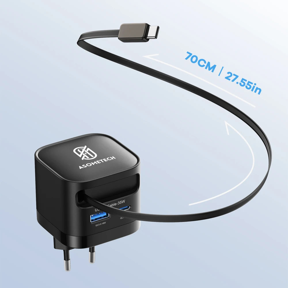 Carregador Asometech 35W com Cabo Retrátil USB-C e Carregamento Rápido