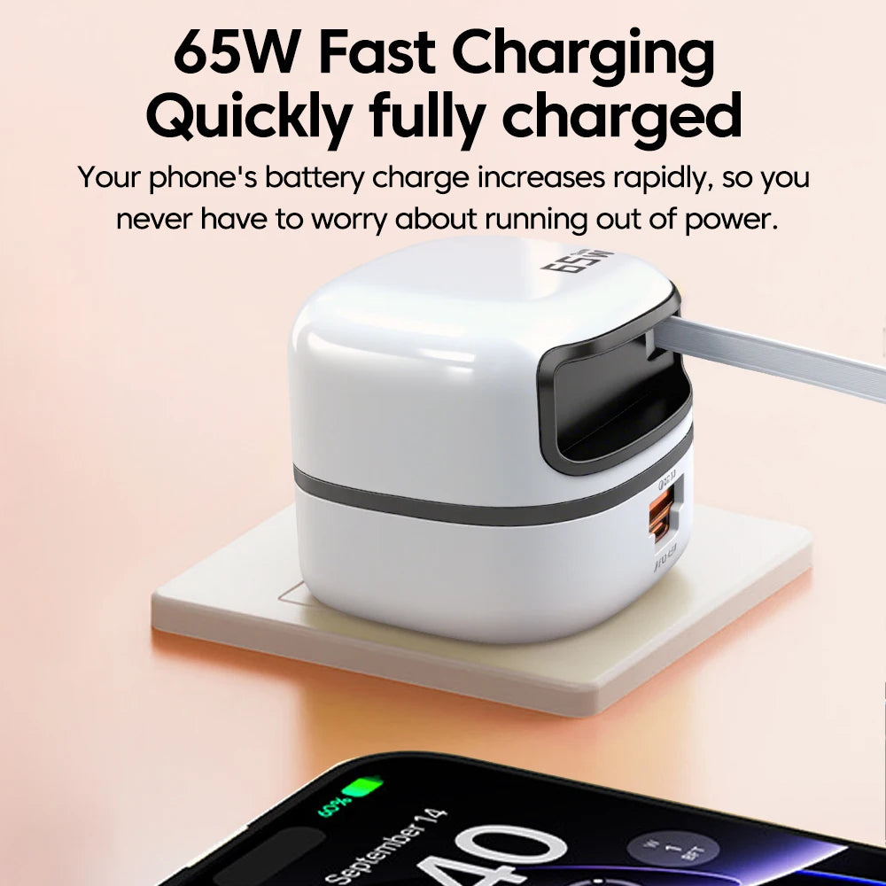 Carregador Elough 65w com cabo retrátil, USB-C e USB-A