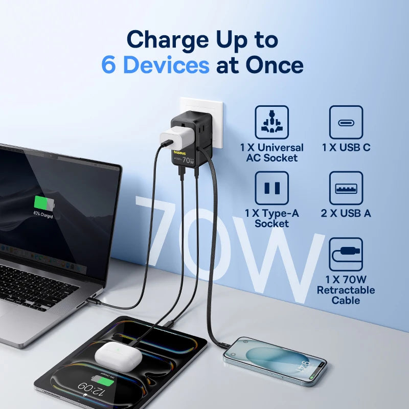 Carregador de Viagem Baseus GaN 70W com Cabo Retrátil, 70w, Tomada global, 3 entradas USB