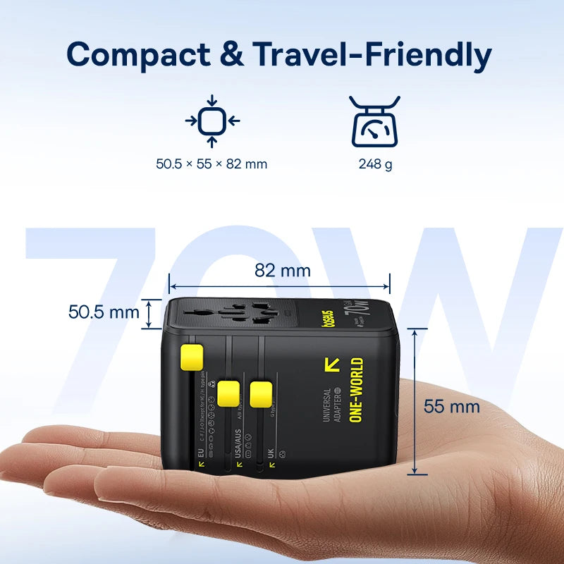 Carregador de Viagem Baseus GaN 70W com Cabo Retrátil, 70w, Tomada global, 3 entradas USB