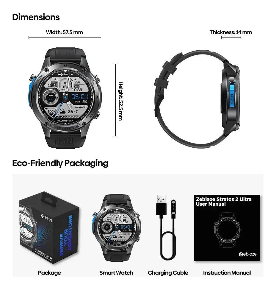 Smartwatch ZEBLAZE STRATOS 2 ULTRA ⌚ Tela AMOLED, GPS, cor Preto, NOVO