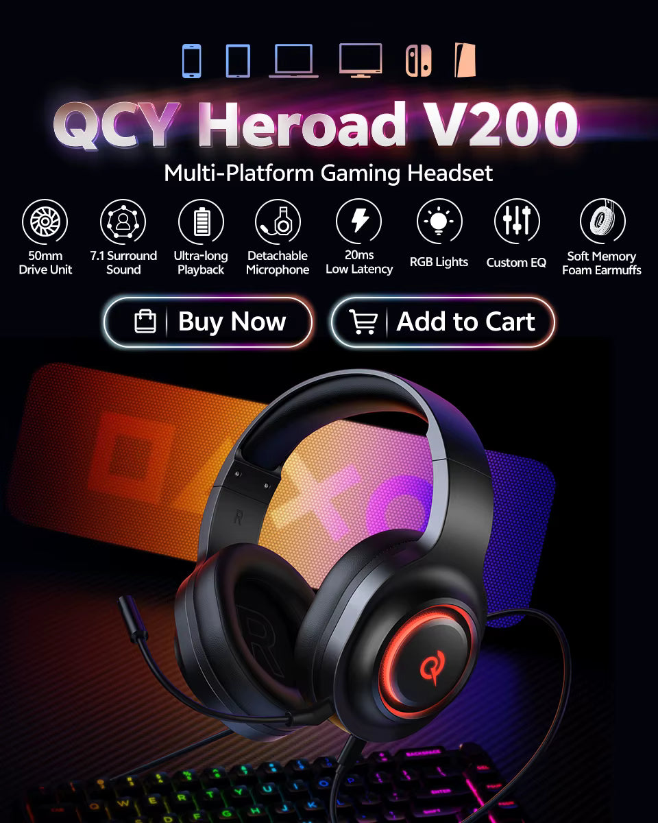 QCY Heroad V200 Over-Ear Headphones – Headset Bluetooth 7.1 com Driver de 50mm