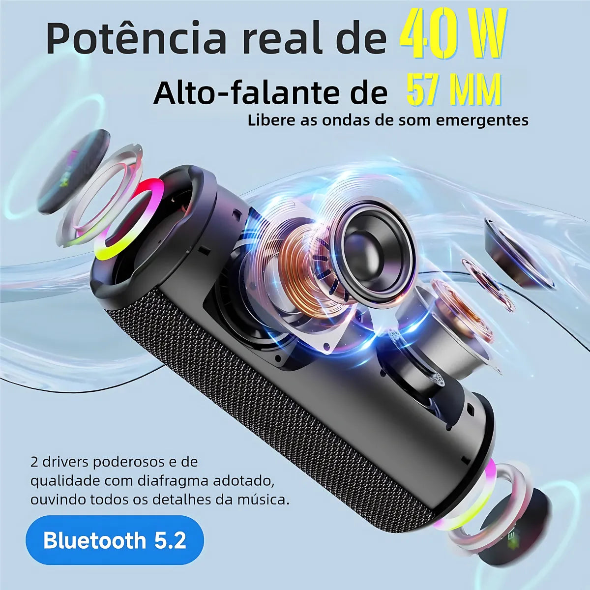 Caixa De Som Zealot S51 Pro Bluetooth 5.2 40w Rms Rgb Ipx6 À Prova D'água Com Cabo E Bateria - Cor Camuflada