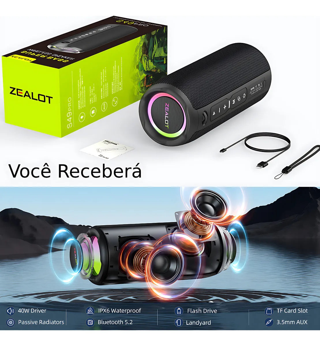 Caixa De Som Zealot S51 Pro Bluetooth 5.2 40w Rms Rgb Ipx6 À Prova D'água Com Cabo E Bateria - Cor Camuflada