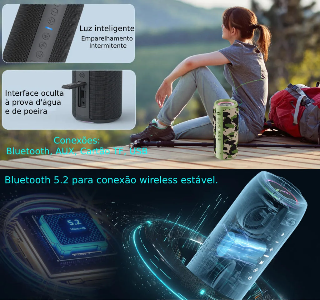 Caixa De Som Zealot S51 Pro Bluetooth 5.2 40w Rms Rgb Ipx6 À Prova D'água Com Cabo E Bateria - Cor Camuflada