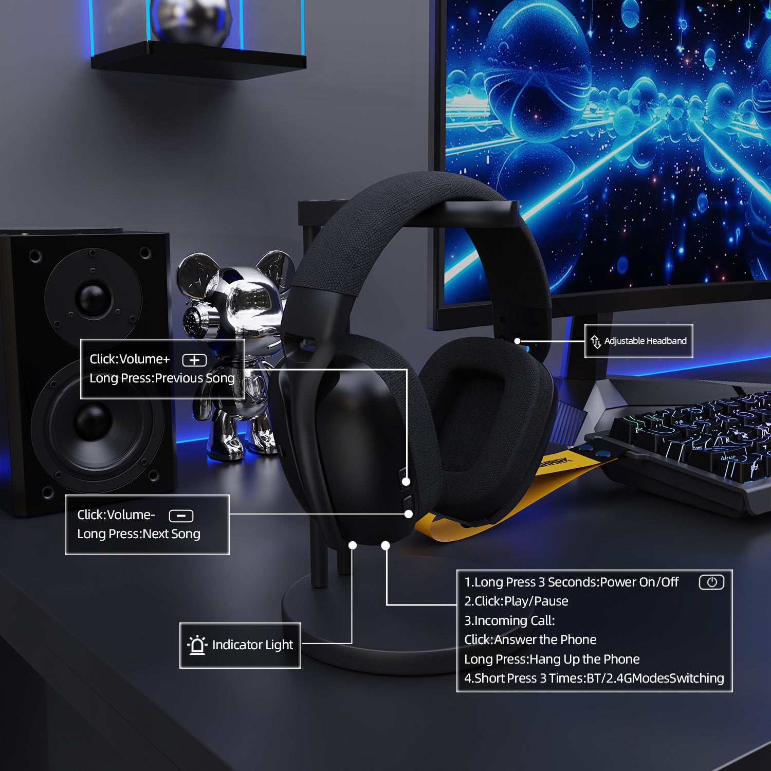 Headset Attack Shark L80 Tri-mode, Bluetooth, Wireless e com fios